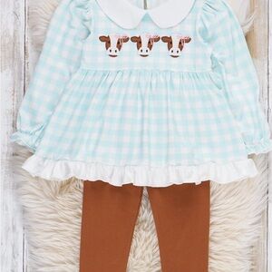 Blue Checkered Dress with Brown Leggings